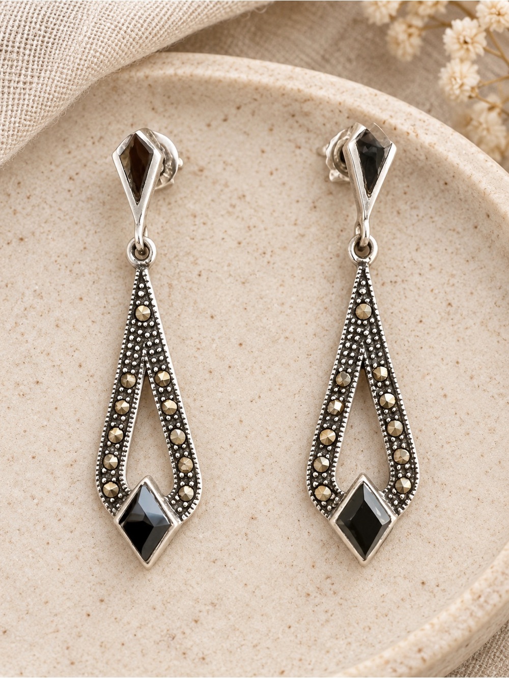 Vintage Marcasite Onyx 925 Silver Geometric Post Back Earrings EUC 2" #702